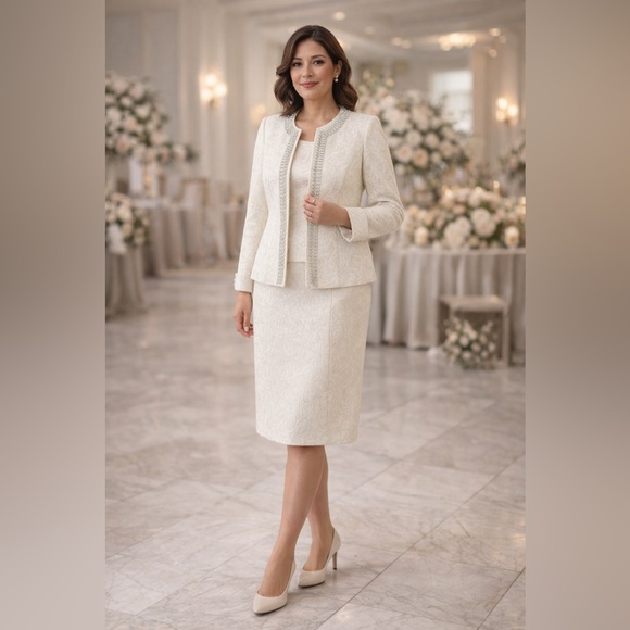 Kasper Other - Kasper 3PC Ivory Jacquard Skirt Suit Beaded Jacket Shell Women Sz 8